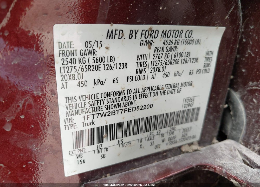 2015 FORD F-250 LARIAT VIN: 1FT7W2BT7FED52200