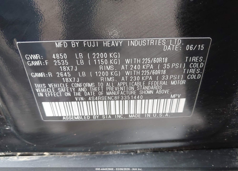 2015 SUBARU OUTBACK 3.6R LIMITED VIN: 4S4BSENC8F3351440