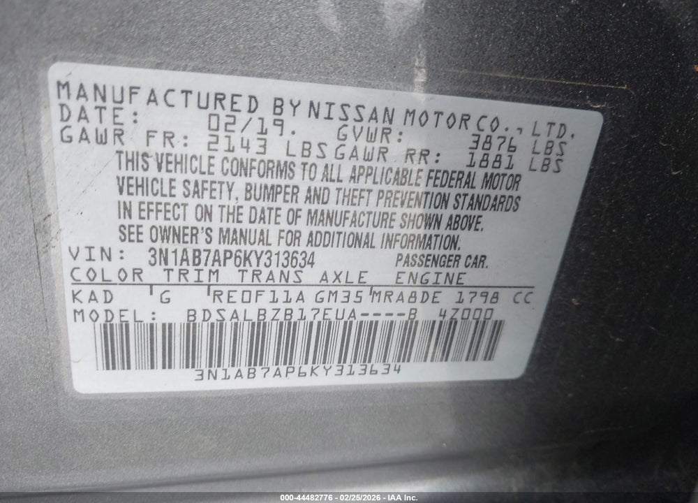 2019 NISSAN SENTRA S VIN: 3N1AB7AP6KY313634