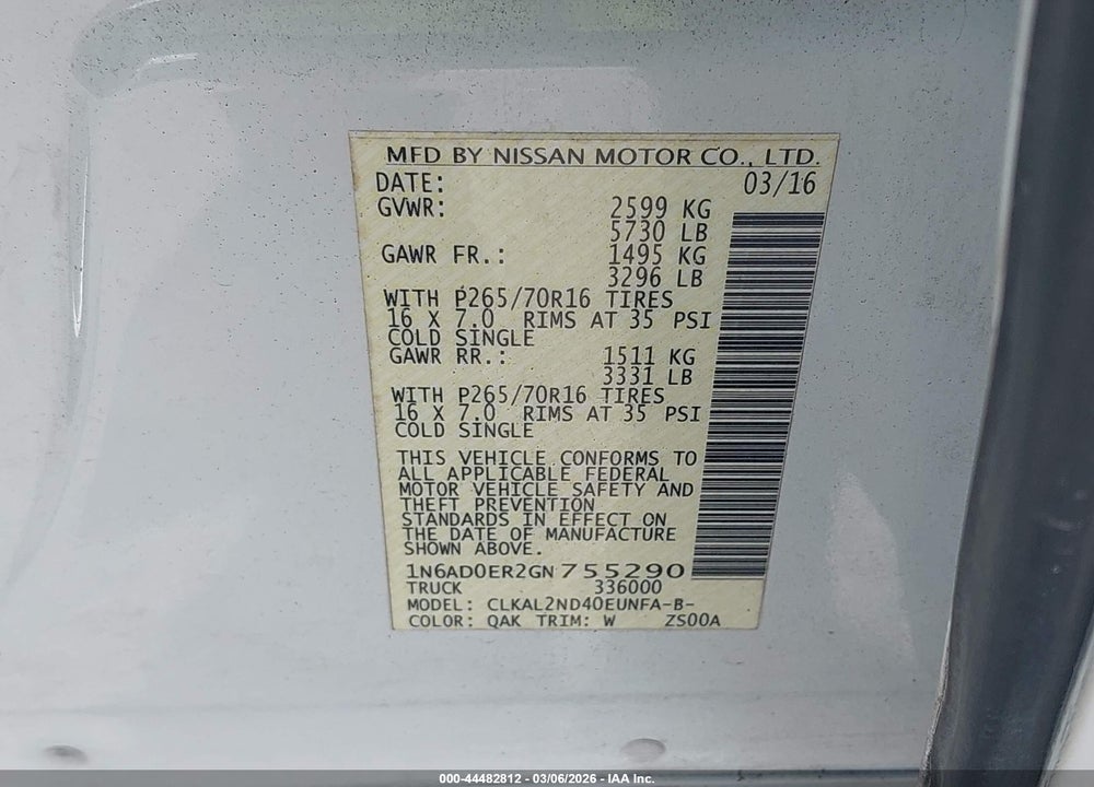 2016 NISSAN FRONTIER SV VIN: 1N6AD0ER2GN755290