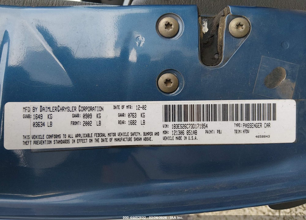 2003 DODGE NEON SE VIN: 1B3ES26C73D171954