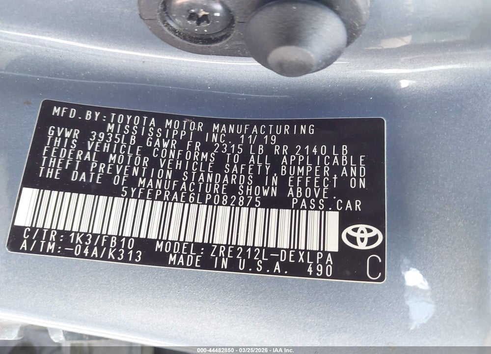 2020 TOYOTA COROLLA LE VIN: 5YFEPRAE6LP082875