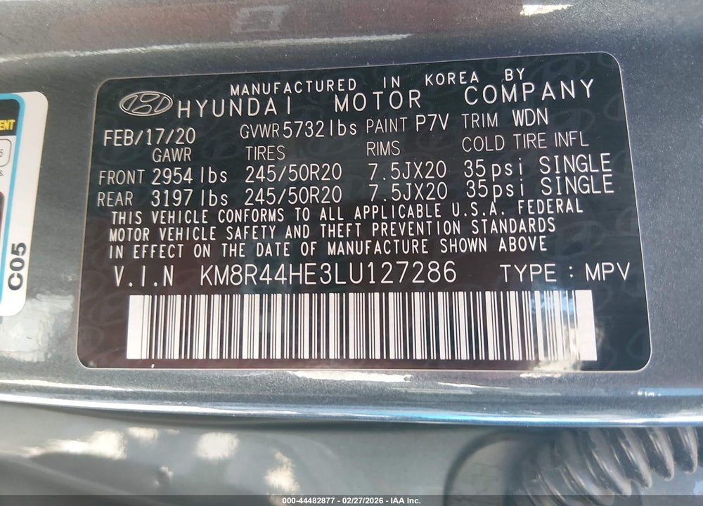 2020 HYUNDAI PALISADE SEL VIN: KM8R44HE3LU127286