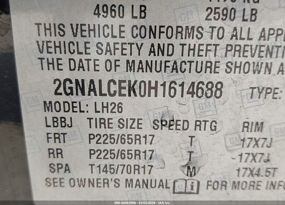 2017 CHEVROLET EQUINOX LT VIN: 2GNALCEK0H1614688
