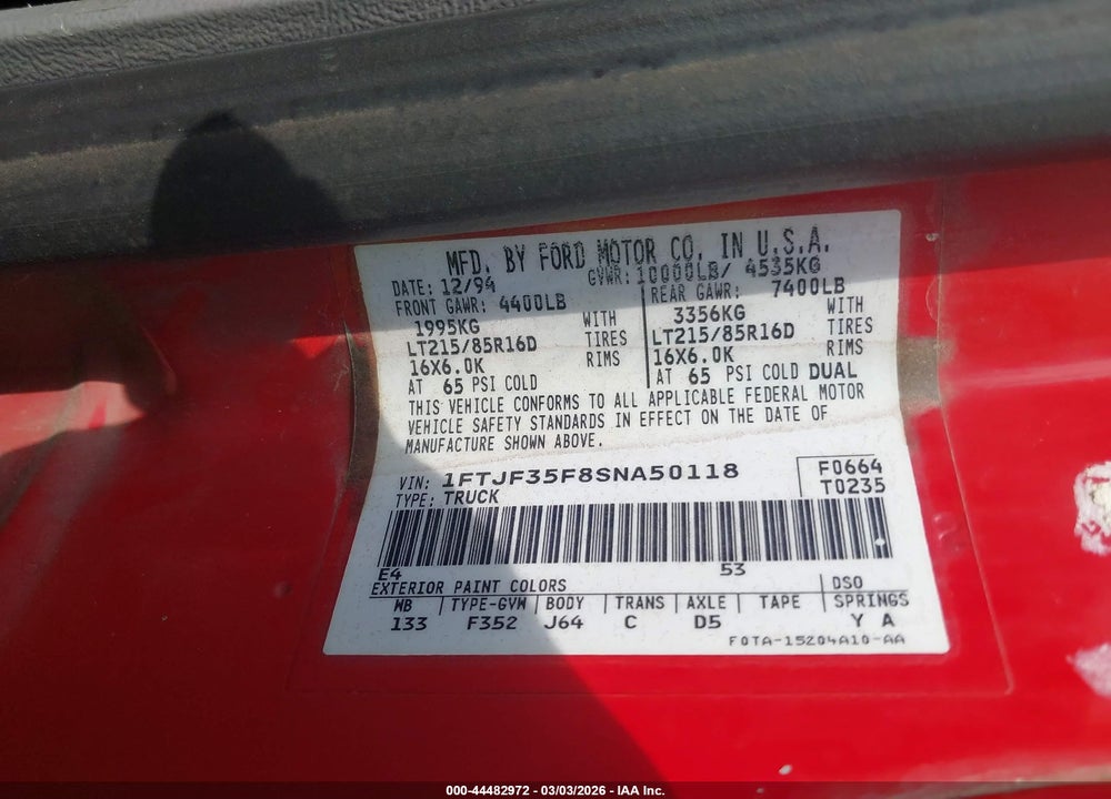 1995 FORD F350 VIN: 1FTJF35F8SNA50118