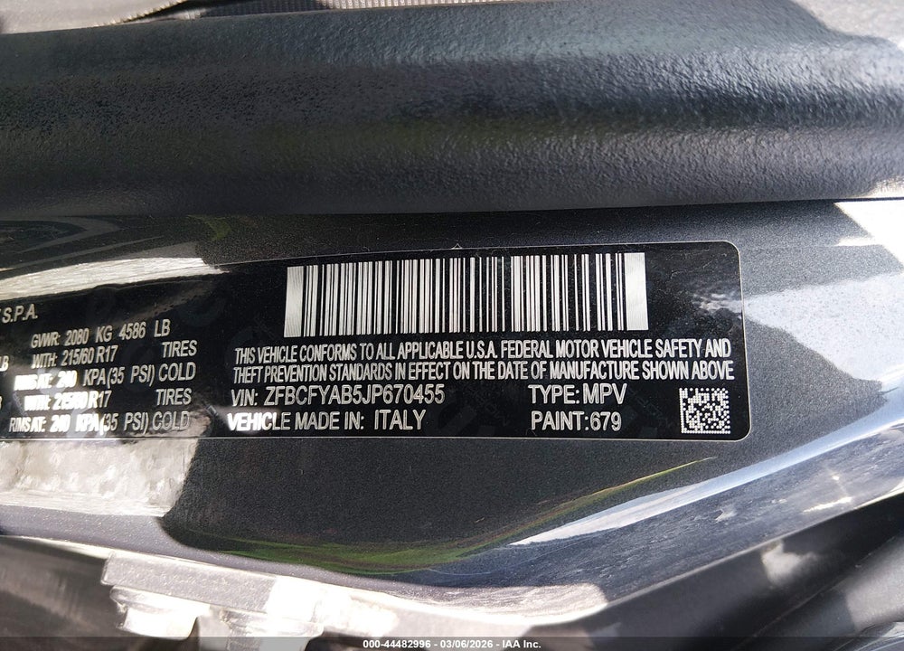 2018 FIAT 500X BLUE SKY EDITION AWD VIN: ZFBCFYAB5JP670455