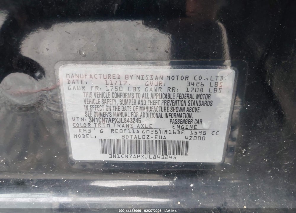 2018 NISSAN VERSA 1.6 SV VIN: 3N1CN7APXJL843245