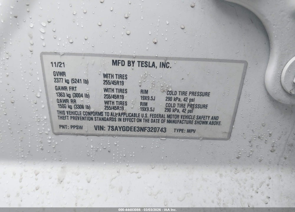 2022 TESLA MODEL Y LONG RANGE DUAL MOTOR ALL-WHEEL DRIVE VIN: 7SAYGDEE3NF320743