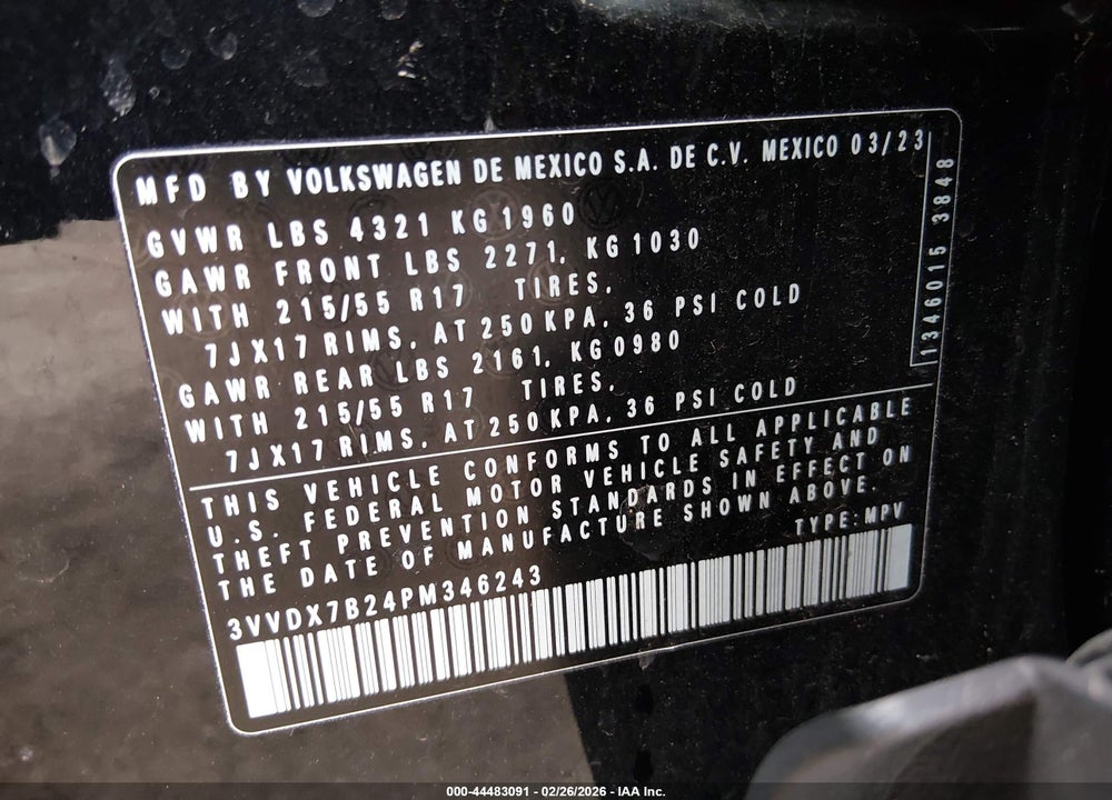 2023 VOLKSWAGEN TAOS 1.5T S VIN: 3VVDX7B24PM346243