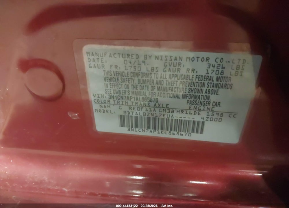 2019 NISSAN VERSA 1.6 SV VIN: 3N1CN7AP1KL865670