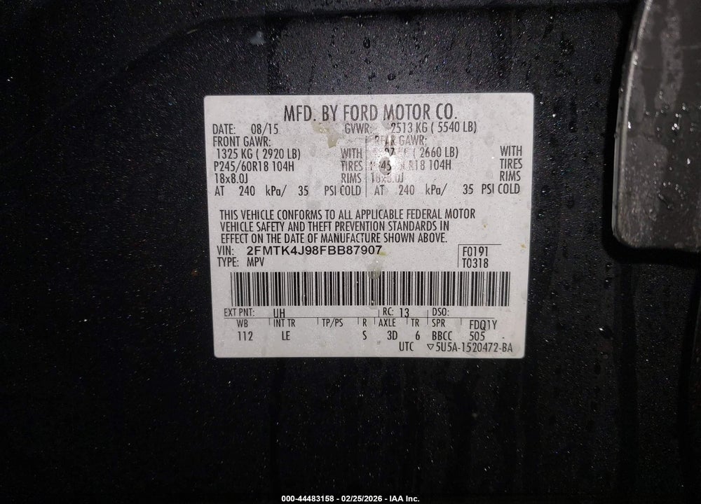 2015 FORD EDGE SEL VIN: 2FMTK4J98FBB87907