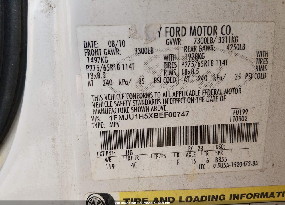 2011 FORD EXPEDITION XLT VIN: 1FMJU1H5XBEF00747