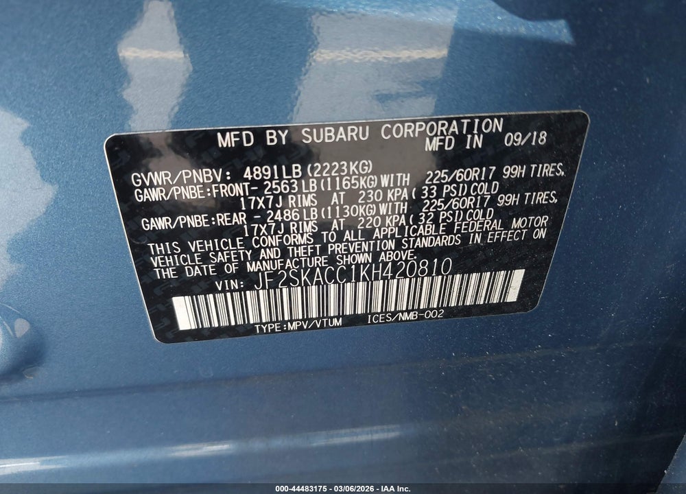2019 SUBARU FORESTER VIN: JF2SKACC1KH420810
