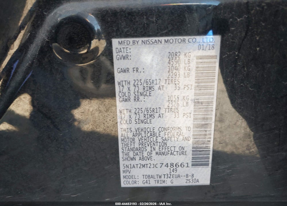2018 NISSAN ROGUE SV VIN: 5N1AT2MT2JC748661