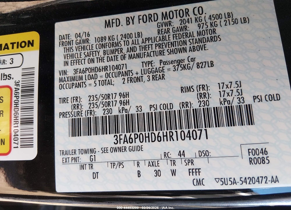 2017 FORD FUSION SE VIN: 3FA6P0HD6HR104071