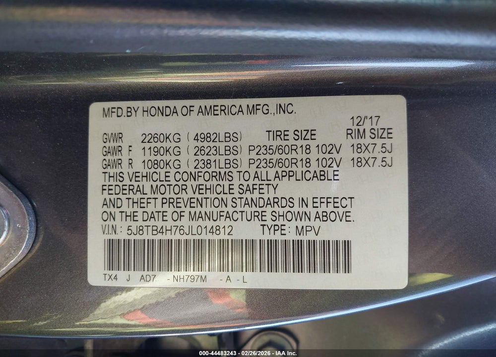 2018 ACURA RDX ADVANCE PACKAGE VIN: 5J8TB4H76JL014812