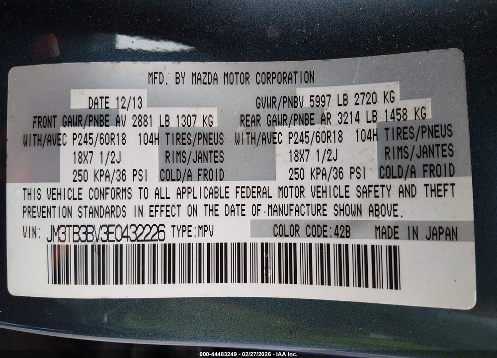 2014 MAZDA CX-9 SPORT VIN: JM3TB3BV3E0432226