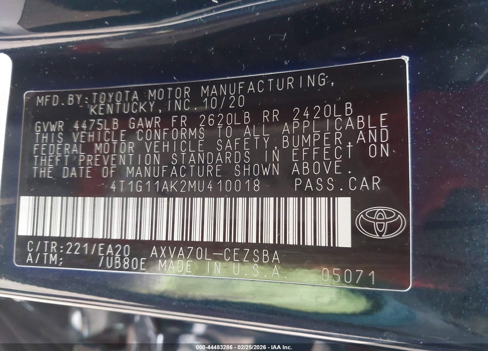 2021 TOYOTA CAMRY SE VIN: 4T1G11AK2MU410018