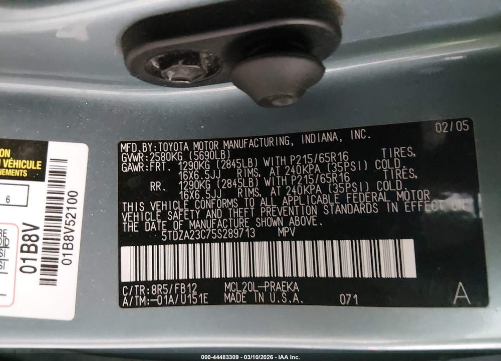 2005 TOYOTA SIENNA LE VIN: 5TDZA23C75S289713