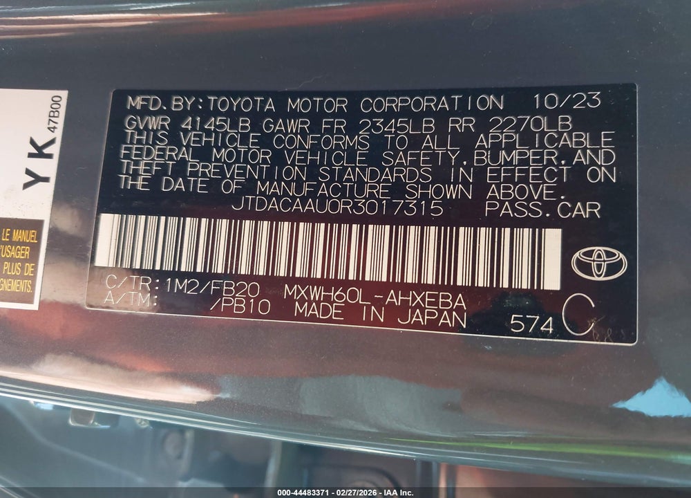 2024 TOYOTA PRIUS LE/LIMITED/XLE VIN: JTDACAAU0R3017315