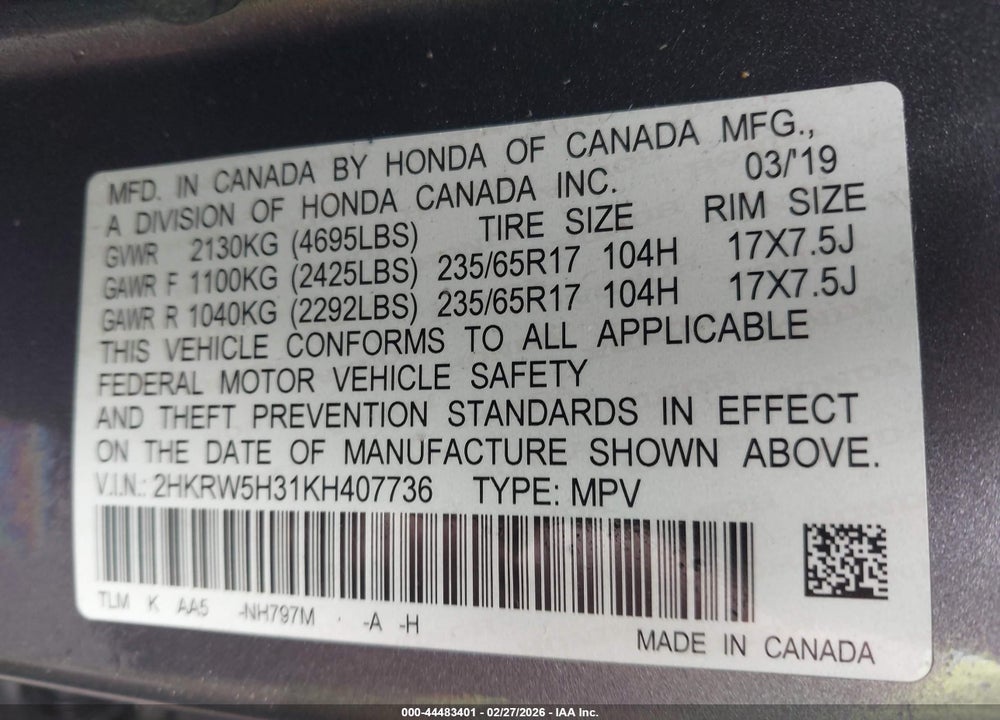 2019 HONDA CR-V LX VIN: 2HKRW5H31KH407736