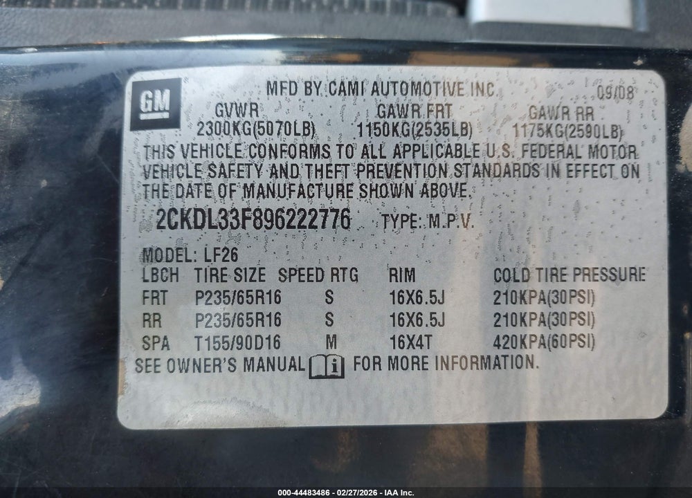 2009 PONTIAC TORRENT VIN: 2CKDL33F896222776