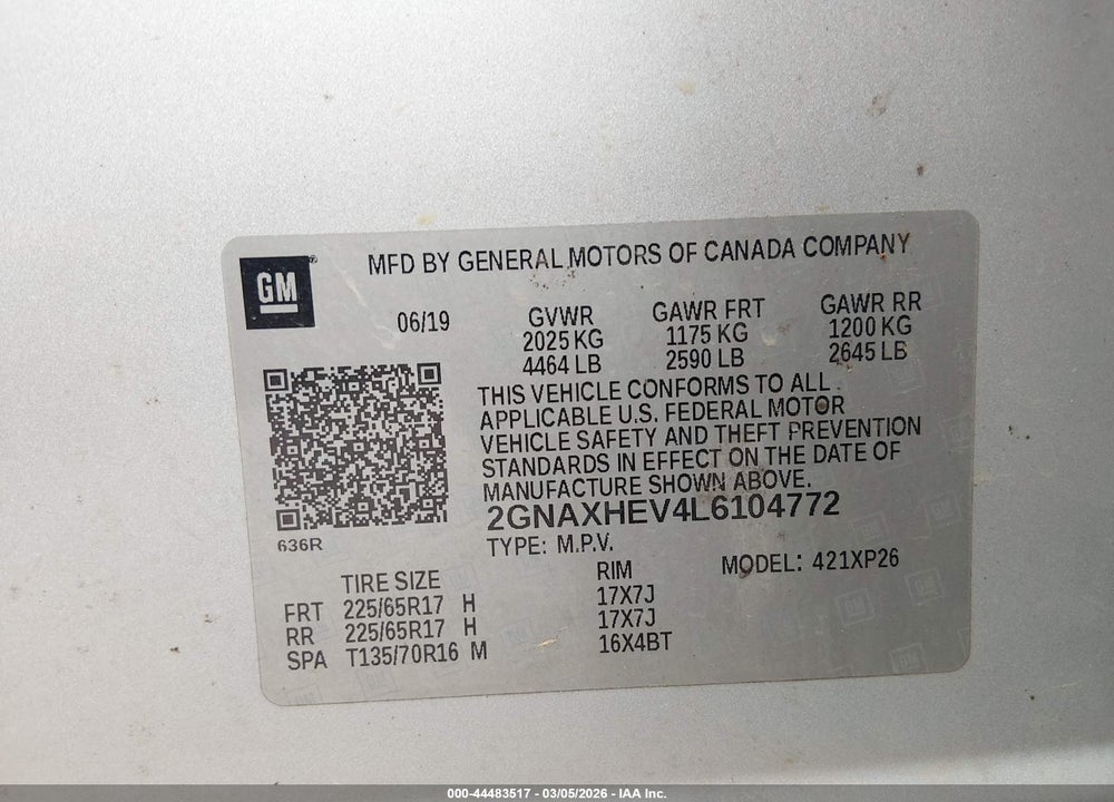 2020 CHEVROLET EQUINOX FWD LS VIN: 2GNAXHEV4L6104772