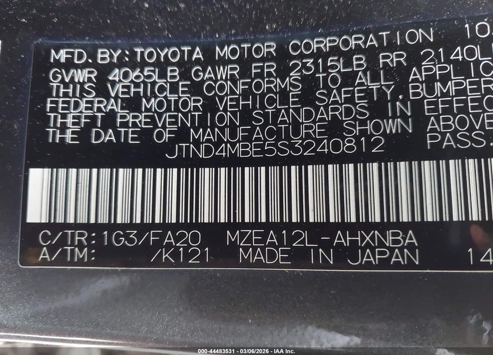 2025 TOYOTA COROLLA SE VIN: JTND4MBE5S3240812