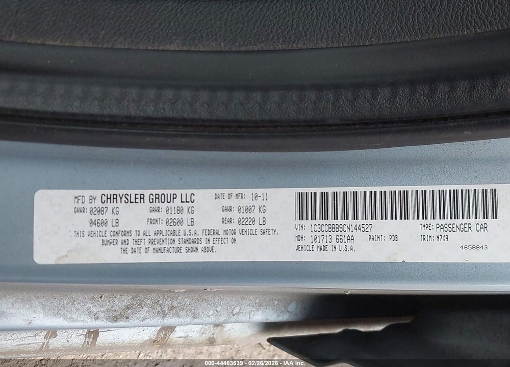 2012 CHRYSLER 200 TOURING VIN: 1C3CCBBB9CN144527