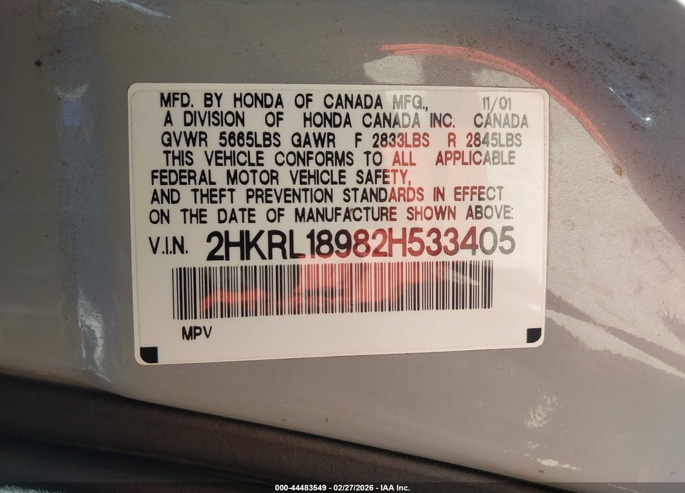 2002 HONDA ODYSSEY EX-L VIN: 2HKRL18982H533405
