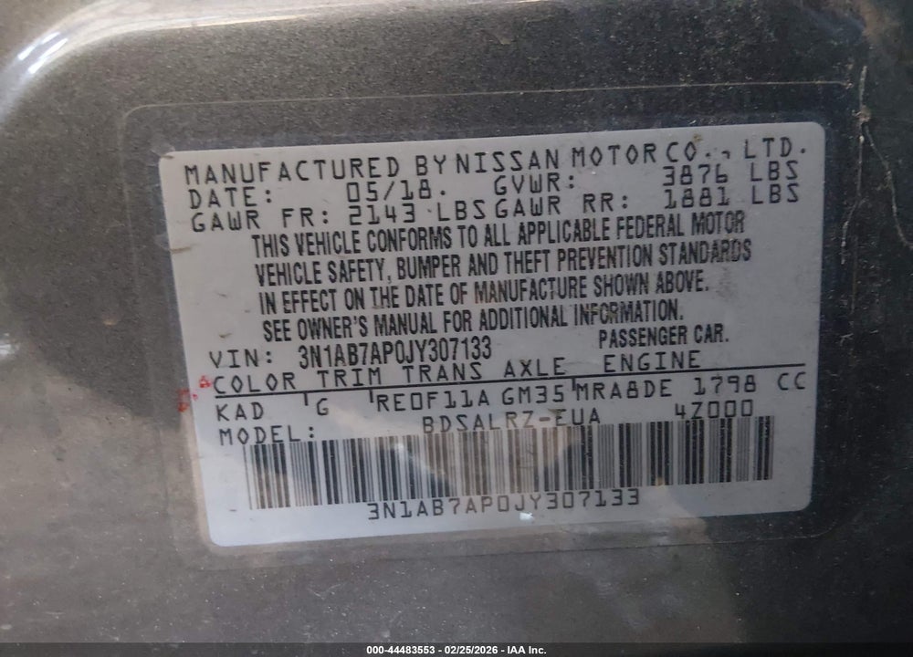 2018 NISSAN SENTRA SR VIN: 3N1AB7AP0JY307133