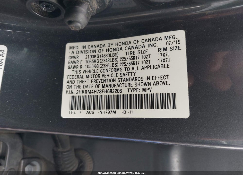 2015 HONDA CR-V EX-L VIN: 2HKRM4H78FH682206