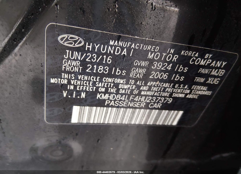 2017 HYUNDAI ELANTRA VALUE EDITION VIN: KMHD84LF4HU237379