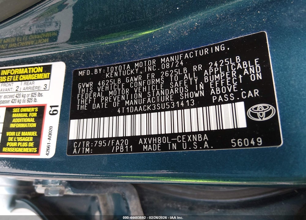 2025 TOYOTA CAMRY LE VIN: 4T1DAACK3SU531413