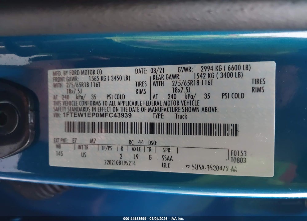 2021 FORD F-150 XLT VIN: 1FTEW1EP0MFC43939