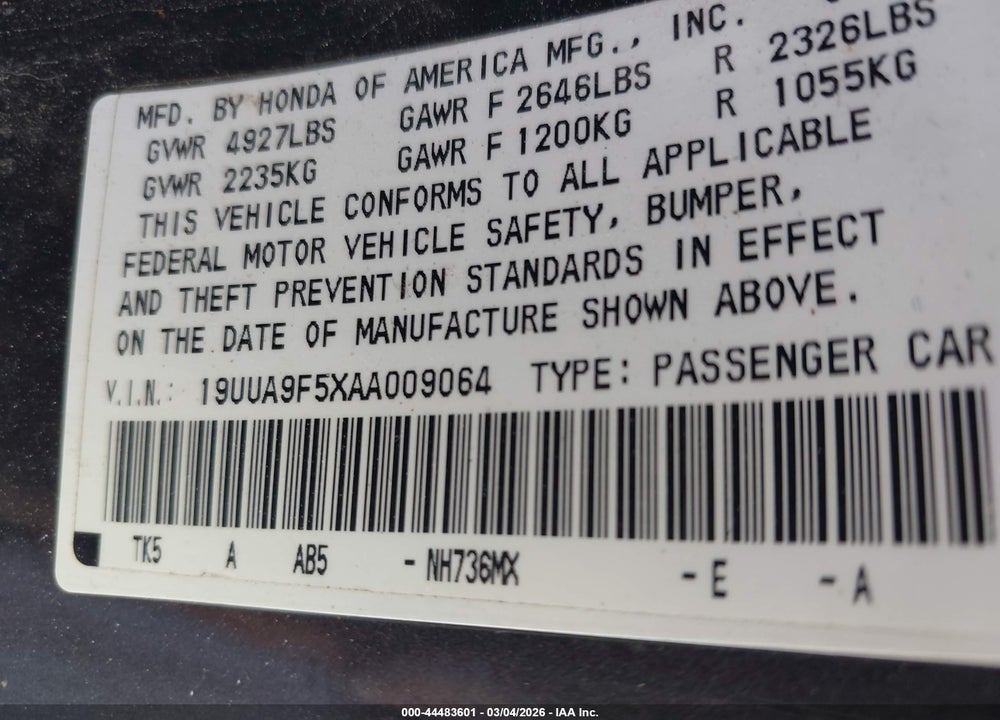 2010 ACURA TL 3.7 VIN: 19UUA9F5XAA009064