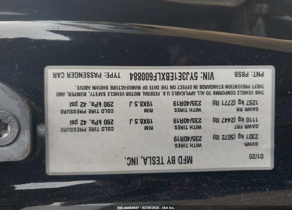 2020 TESLA MODEL 3 LONG RANGE DUAL MOTOR ALL-WHEEL DRIVE VIN: 5YJ3E1EBXLF600884