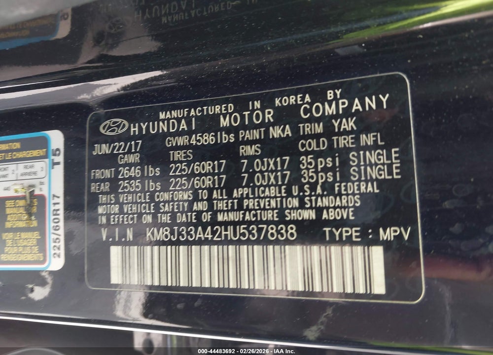 2017 HYUNDAI TUCSON SE PLUS VIN: KM8J33A42HU537838