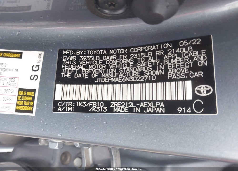 2022 TOYOTA COROLLA LE VIN: JTDEPMAE6N3022710