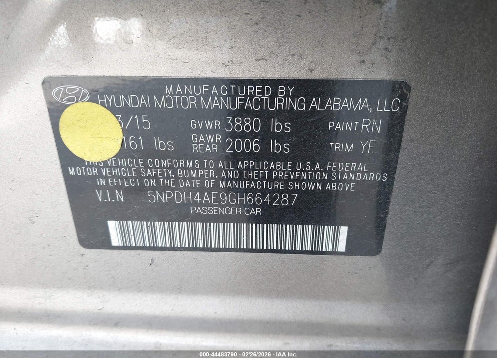 2016 HYUNDAI ELANTRA SE VIN: 5NPDH4AE9GH664287