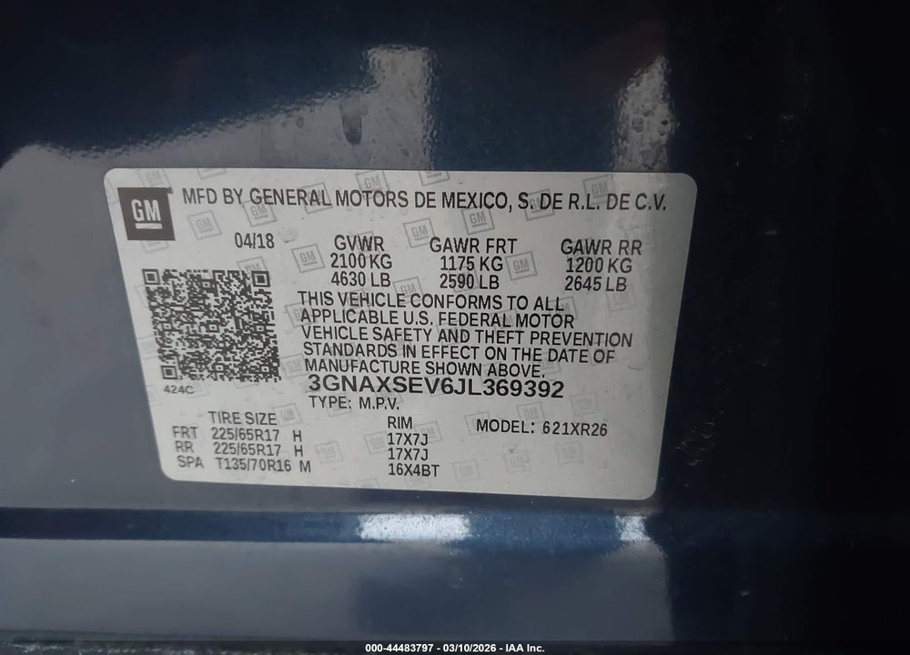 2018 CHEVROLET EQUINOX LT VIN: 3GNAXSEV6JL369392