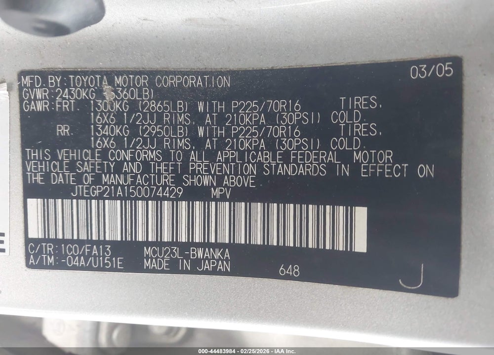 2005 TOYOTA HIGHLANDER V6 VIN: JTEGP21A150074429