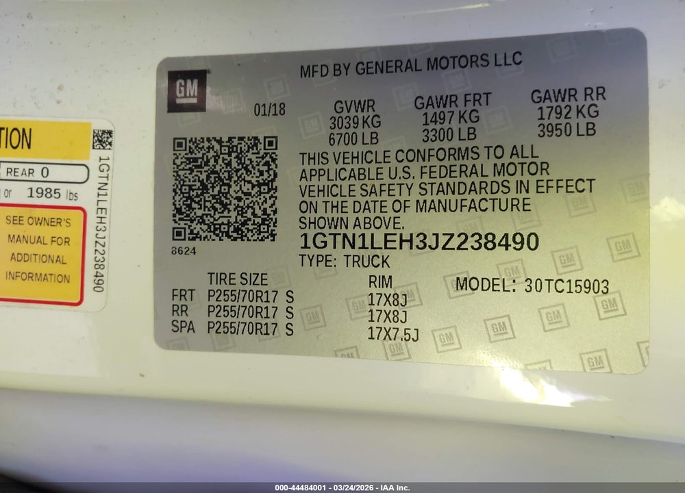 2018 GMC SIERRA 1500 VIN: 1GTN1LEH3JZ238490