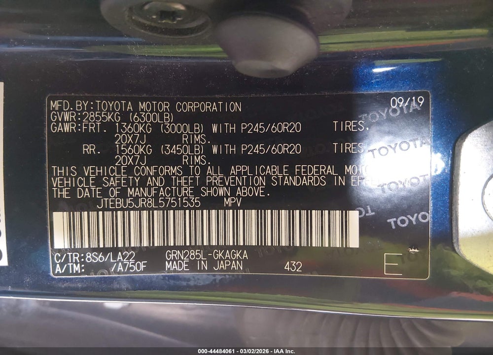 2020 TOYOTA 4RUNNER LIMITED VIN: JTEBU5JR8L5751535