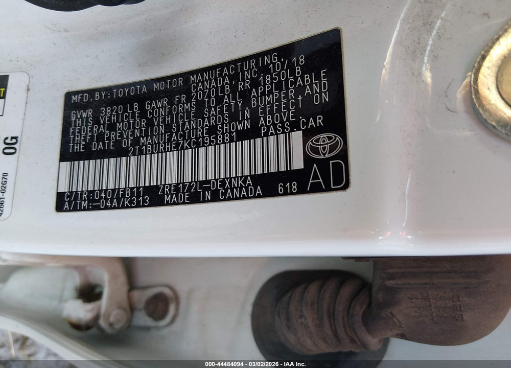 2019 TOYOTA COROLLA LE VIN: 2T1BURHE7KC195881