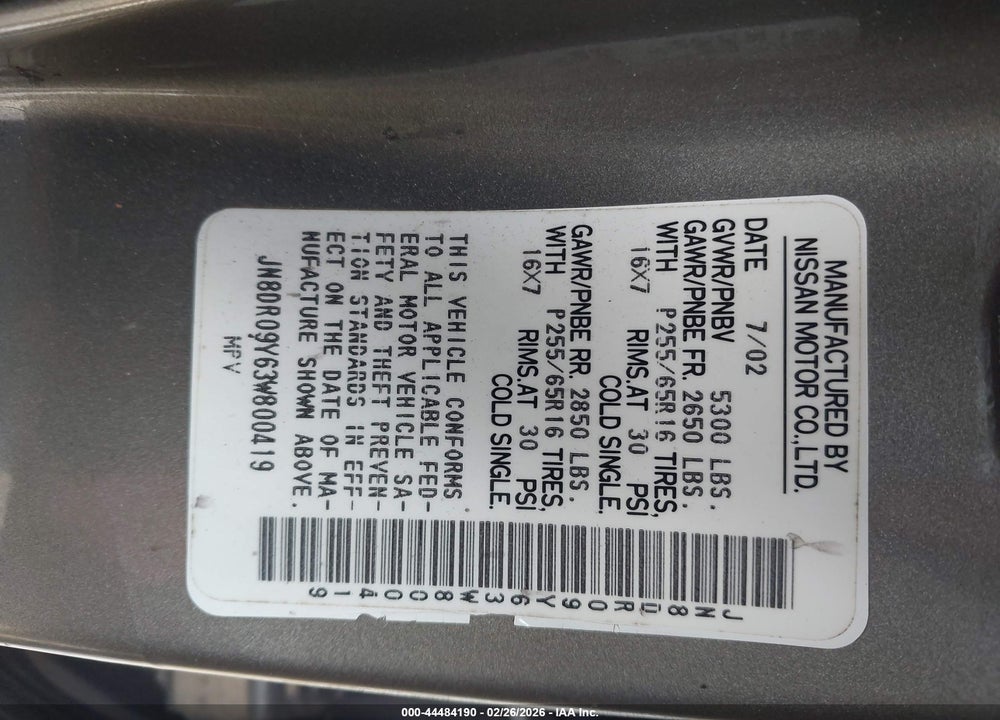 2003 NISSAN PATHFINDER SE VIN: JN8DR09Y63W800419