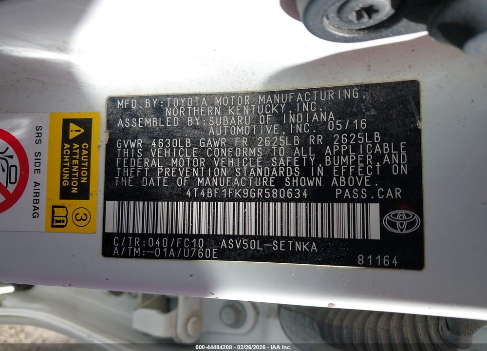 2016 TOYOTA CAMRY LE/XLE/SE/XSE VIN: 4T4BF1FK9GR580634