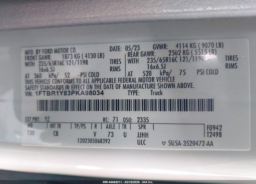 2023 FORD TRANSIT-250 VIN: 1FTBR1Y83PKA98034