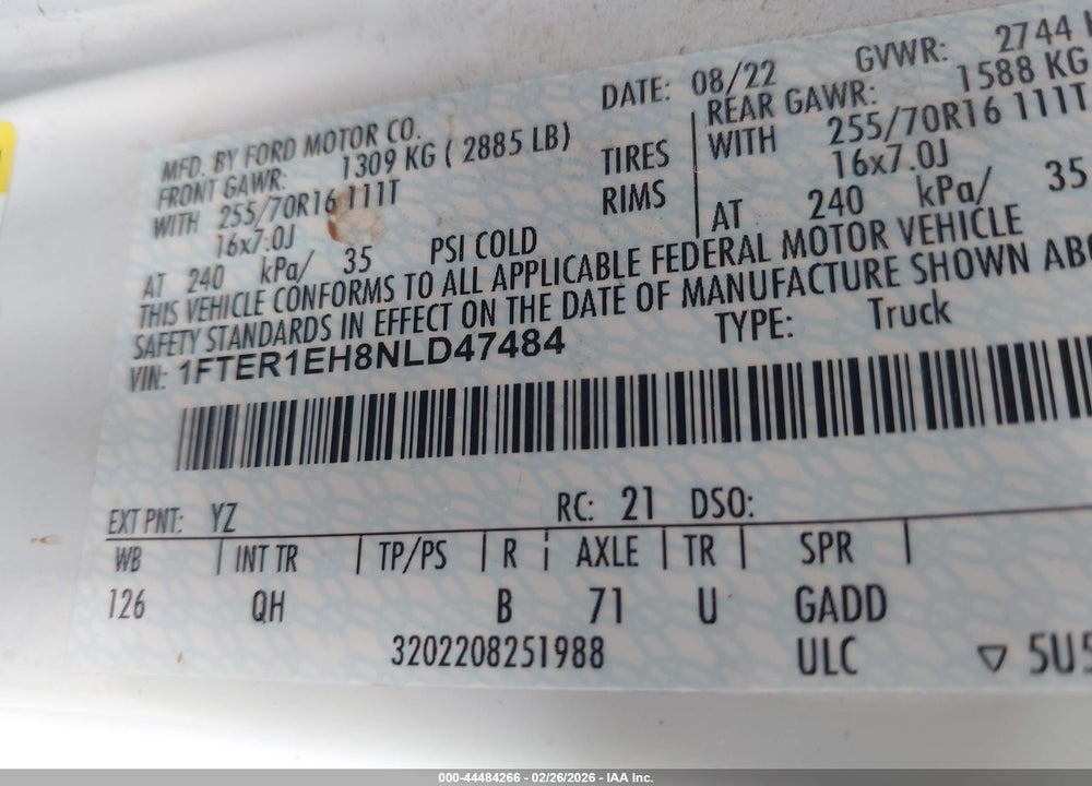 2022 FORD RANGER XL VIN: 1FTER1EH8NLD47484