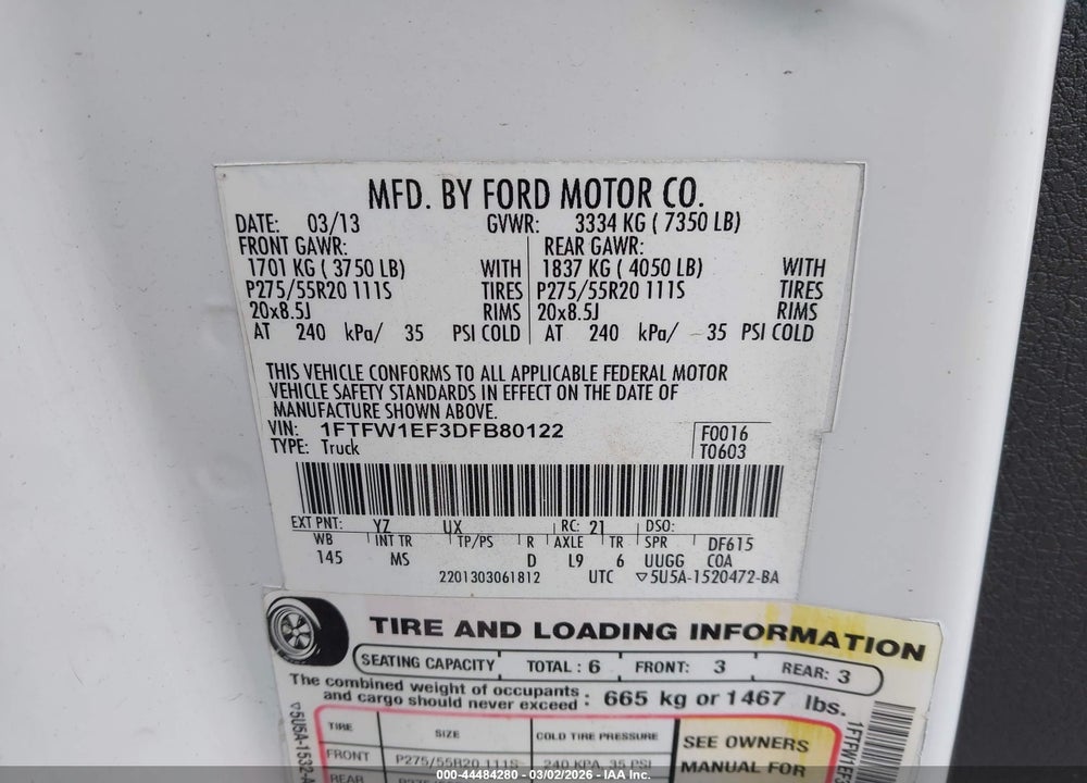 2013 FORD F-150 XLT VIN: 1FTFW1EF3DFB80122